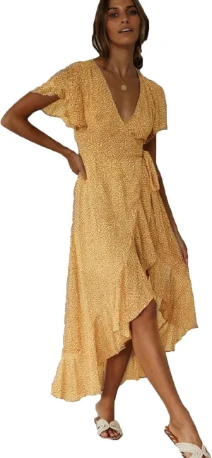 WIWIQS Women Summer New Floral Printed Irregularity Hem Short Sleeve Maxi Dress Casual V-Neck Beach Party Sundress