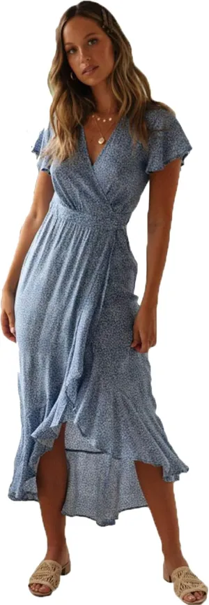 WIWIQS Women Summer New Floral Printed Irregularity Hem Short Sleeve Maxi Dress Casual V-Neck Beach Party Sundress
