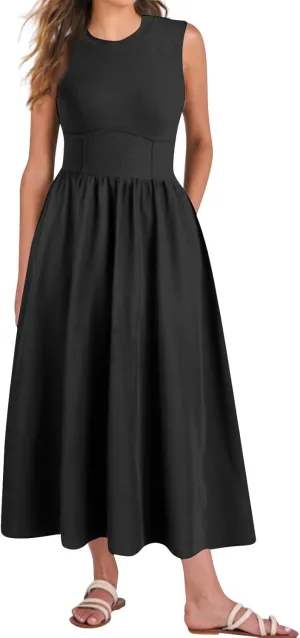 Woman Summer Sundresses High Waist Midi Dresses Tank Dress Sleeveless Empire Waist Dress A Line Dresses with Pockets