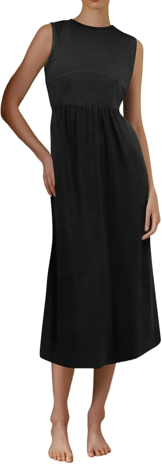 Woman Summer Sundresses High Waist Midi Dresses Tank Dress Sleeveless Empire Waist Dress A Line Dresses with Pockets