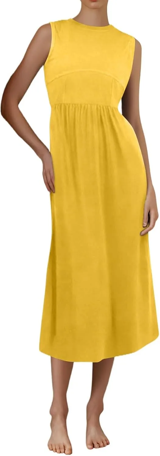 Woman Summer Sundresses High Waist Midi Dresses Tank Dress Sleeveless Empire Waist Dress A Line Dresses with Pockets