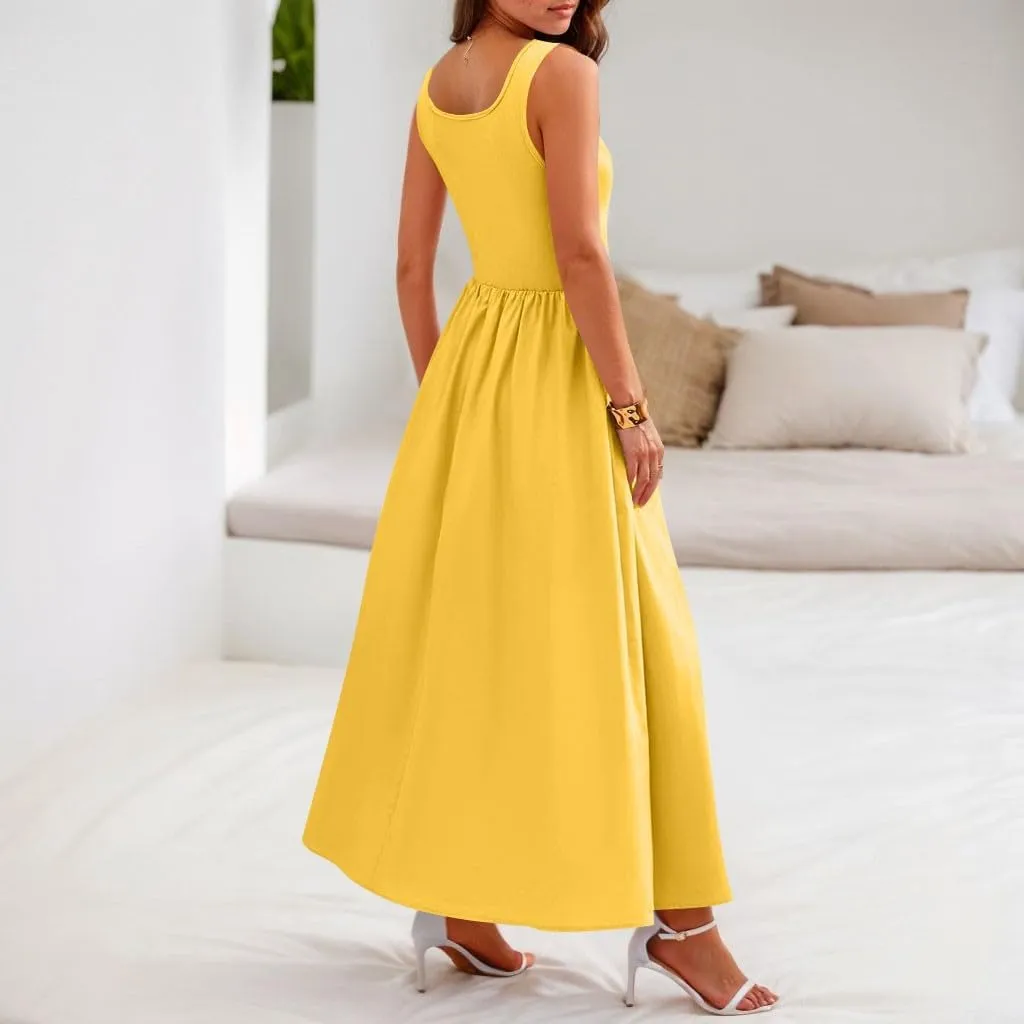 Woman Summer Sundresses High Waist Midi Dresses Tank Dress Sleeveless Empire Waist Dress A Line Dresses with Pockets