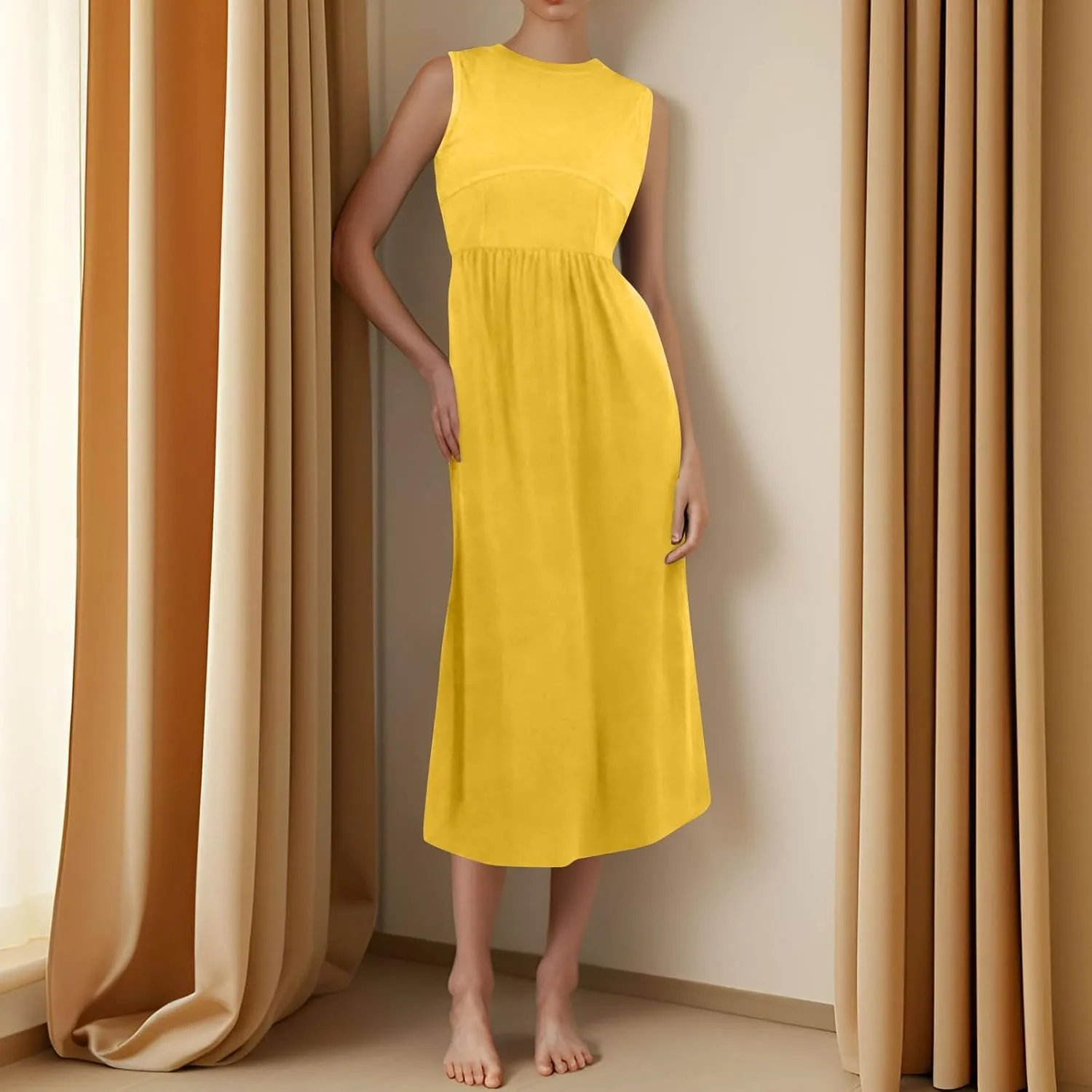 Woman Summer Sundresses High Waist Midi Dresses Tank Dress Sleeveless Empire Waist Dress A Line Dresses with Pockets