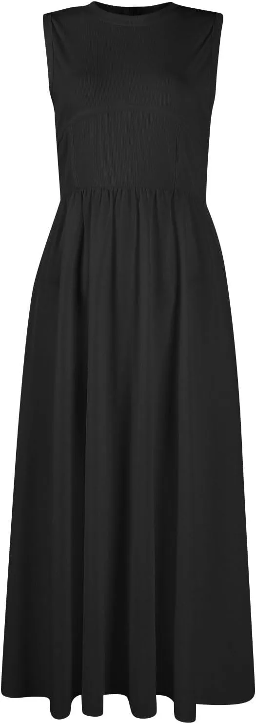 Woman Summer Sundresses High Waist Midi Dresses Tank Dress Sleeveless Empire Waist Dress A Line Dresses with Pockets