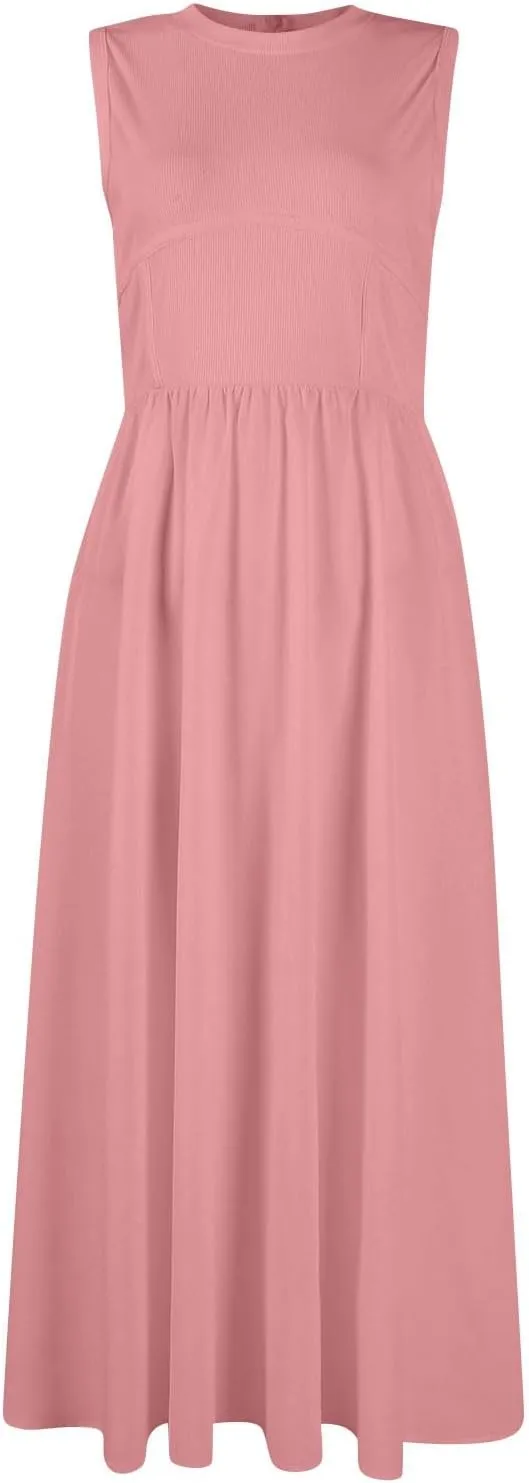 Woman Summer Sundresses High Waist Midi Dresses Tank Dress Sleeveless Empire Waist Dress A Line Dresses with Pockets