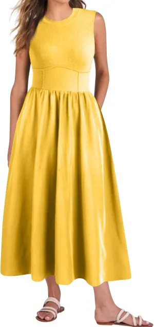 Woman Summer Sundresses High Waist Midi Dresses Tank Dress Sleeveless Empire Waist Dress A Line Dresses with Pockets