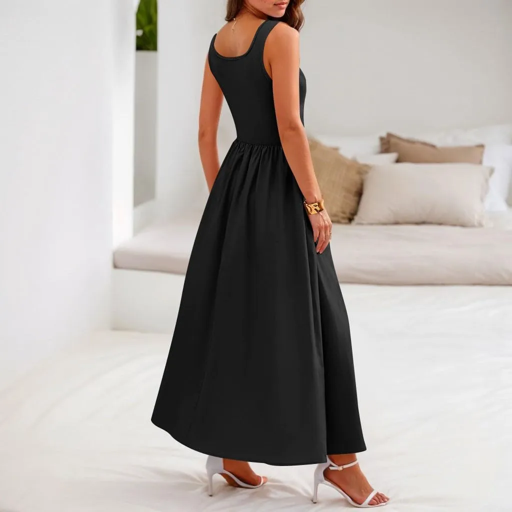 Woman Summer Sundresses High Waist Midi Dresses Tank Dress Sleeveless Empire Waist Dress A Line Dresses with Pockets