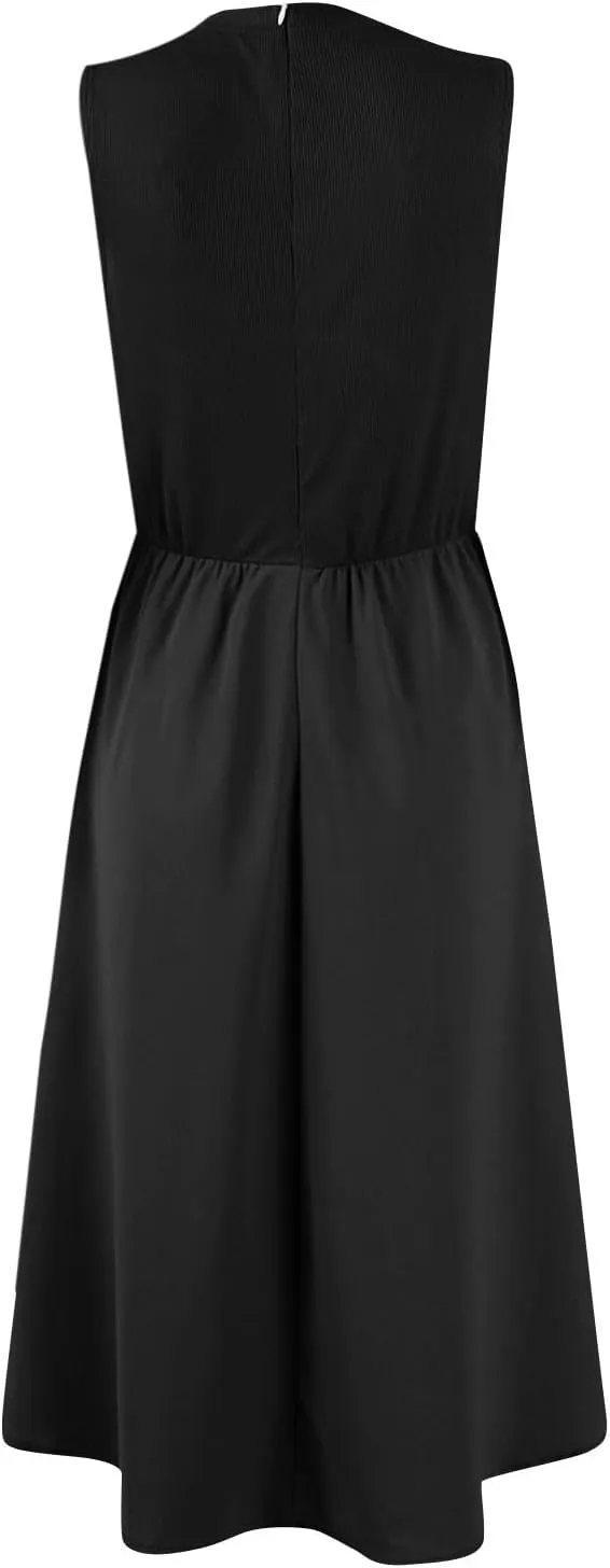 Woman Summer Sundresses High Waist Midi Dresses Tank Dress Sleeveless Empire Waist Dress A Line Dresses with Pockets