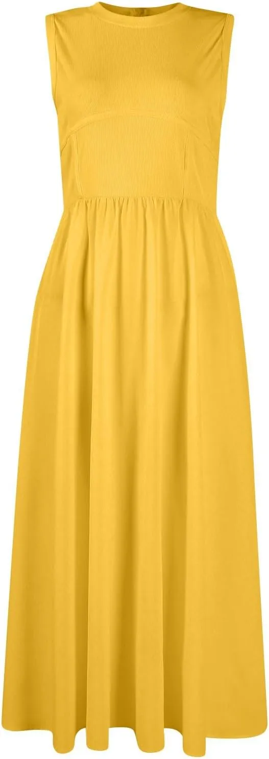 Woman Summer Sundresses High Waist Midi Dresses Tank Dress Sleeveless Empire Waist Dress A Line Dresses with Pockets