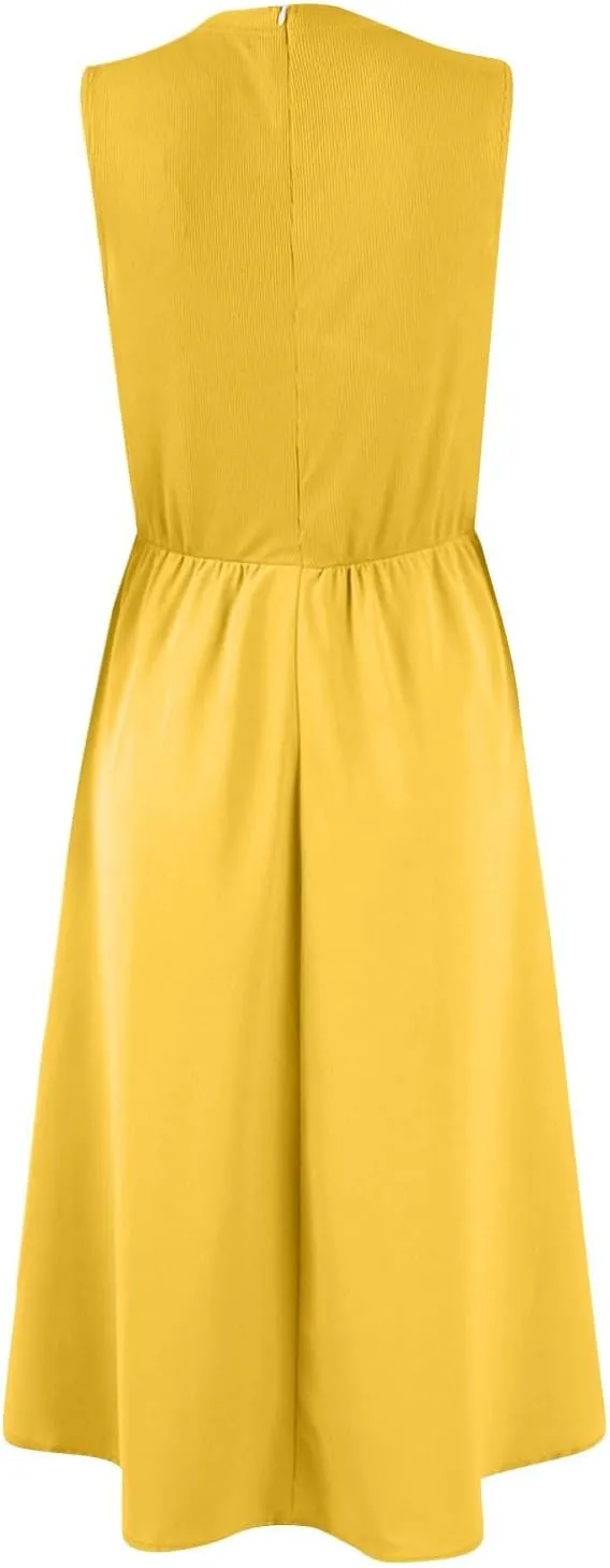 Woman Summer Sundresses High Waist Midi Dresses Tank Dress Sleeveless Empire Waist Dress A Line Dresses with Pockets