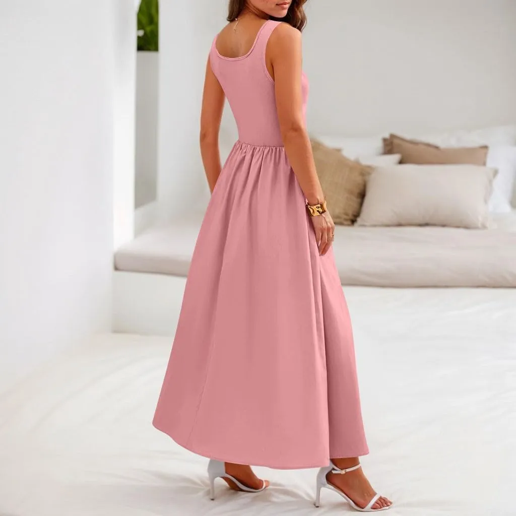 Woman Summer Sundresses High Waist Midi Dresses Tank Dress Sleeveless Empire Waist Dress A Line Dresses with Pockets