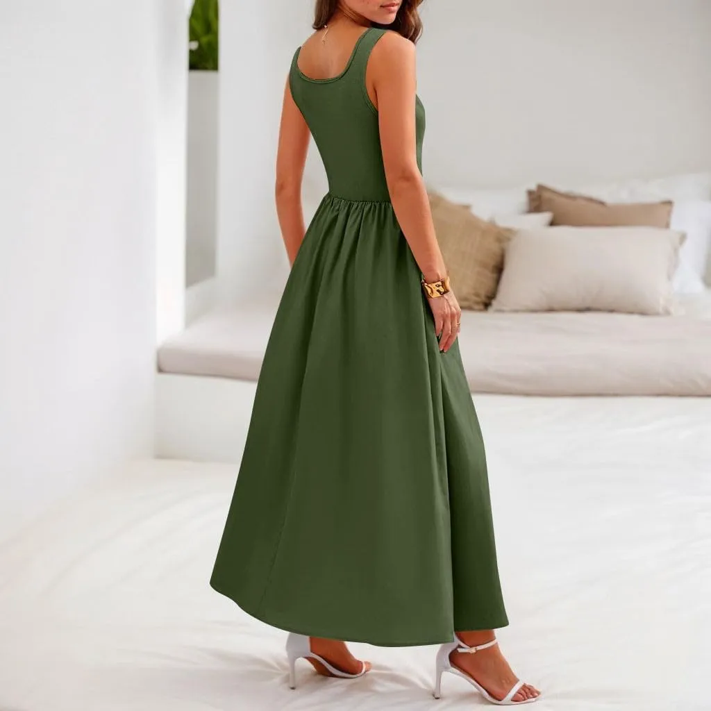 Woman Summer Sundresses High Waist Midi Dresses Tank Dress Sleeveless Empire Waist Dress A Line Dresses with Pockets