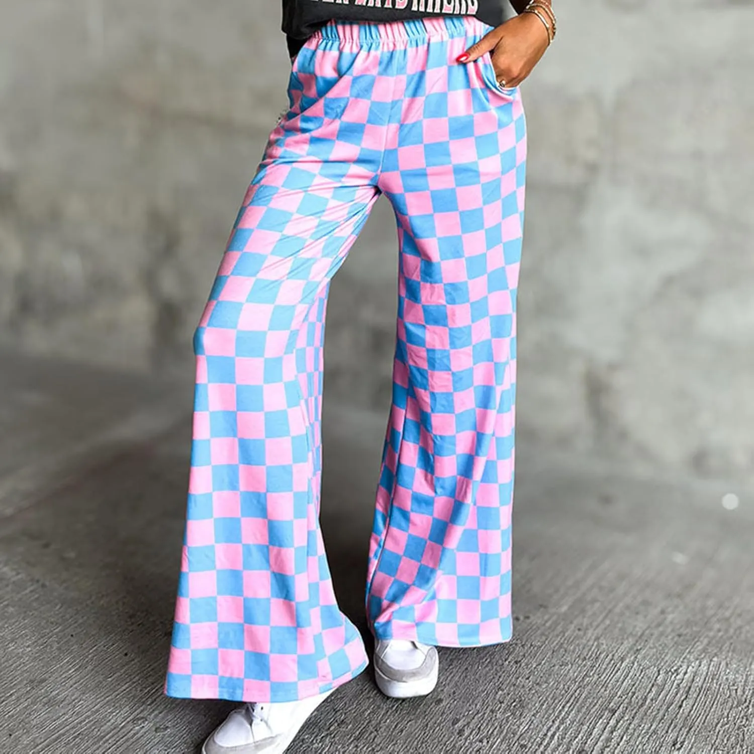 Women Aesthetic Checkered Pants Elastic Waist Straight Wide Leg Plaid Print Trousers Teen Girls Casual Loose Fit Sweatpants