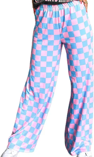 Women Aesthetic Checkered Pants Elastic Waist Straight Wide Leg Plaid Print Trousers Teen Girls Casual Loose Fit Sweatpants