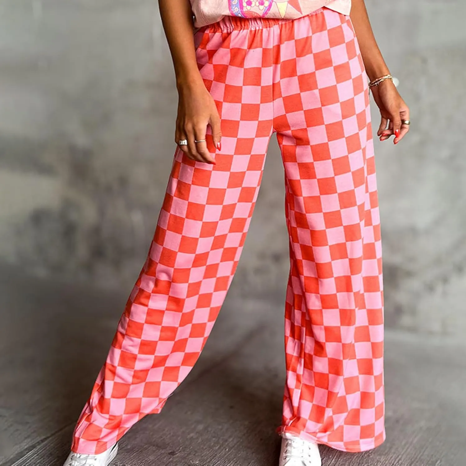 Women Aesthetic Checkered Pants Elastic Waist Straight Wide Leg Plaid Print Trousers Teen Girls Casual Loose Fit Sweatpants
