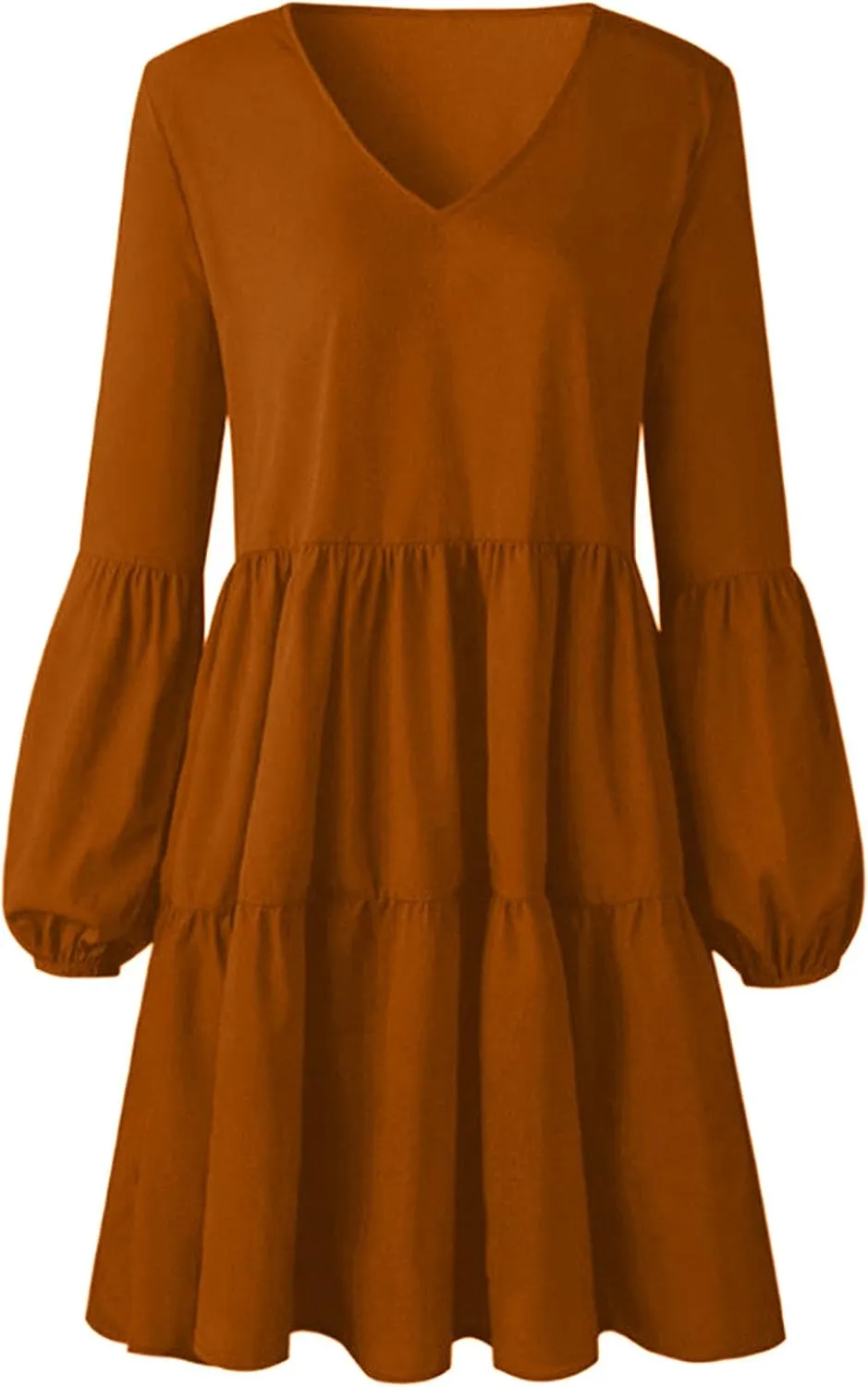 Women Babydoll Dress Lantern Long Sleeve V-Neck A-Line Flowy Dresses Summer Casual Shift Dress Vestidos