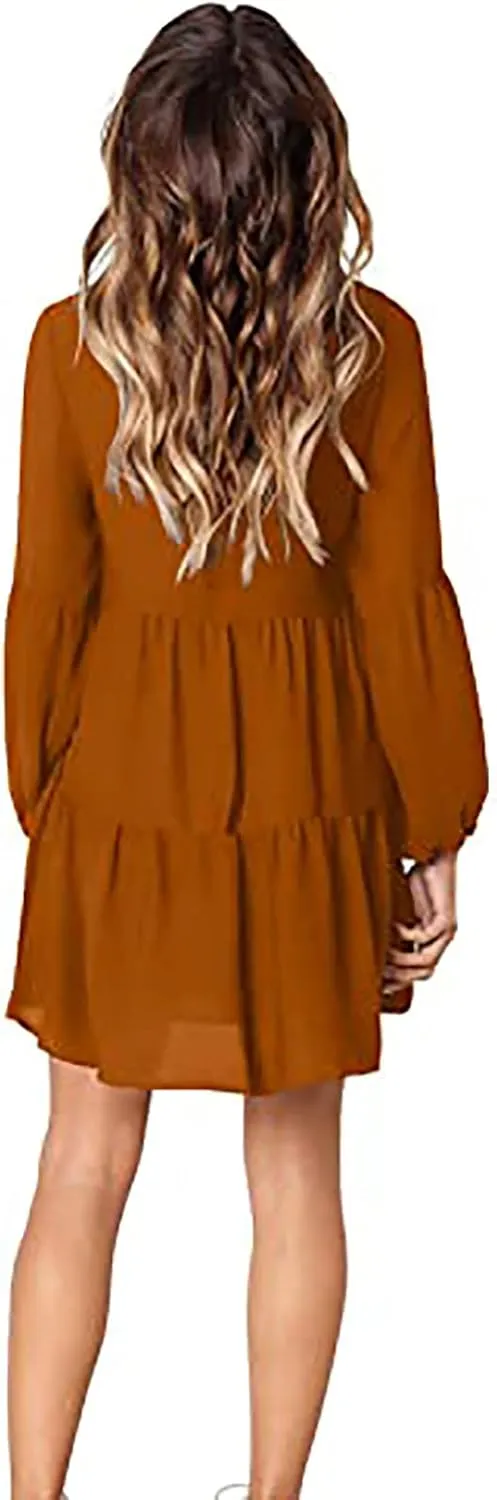 Women Babydoll Dress Lantern Long Sleeve V-Neck A-Line Flowy Dresses Summer Casual Shift Dress Vestidos