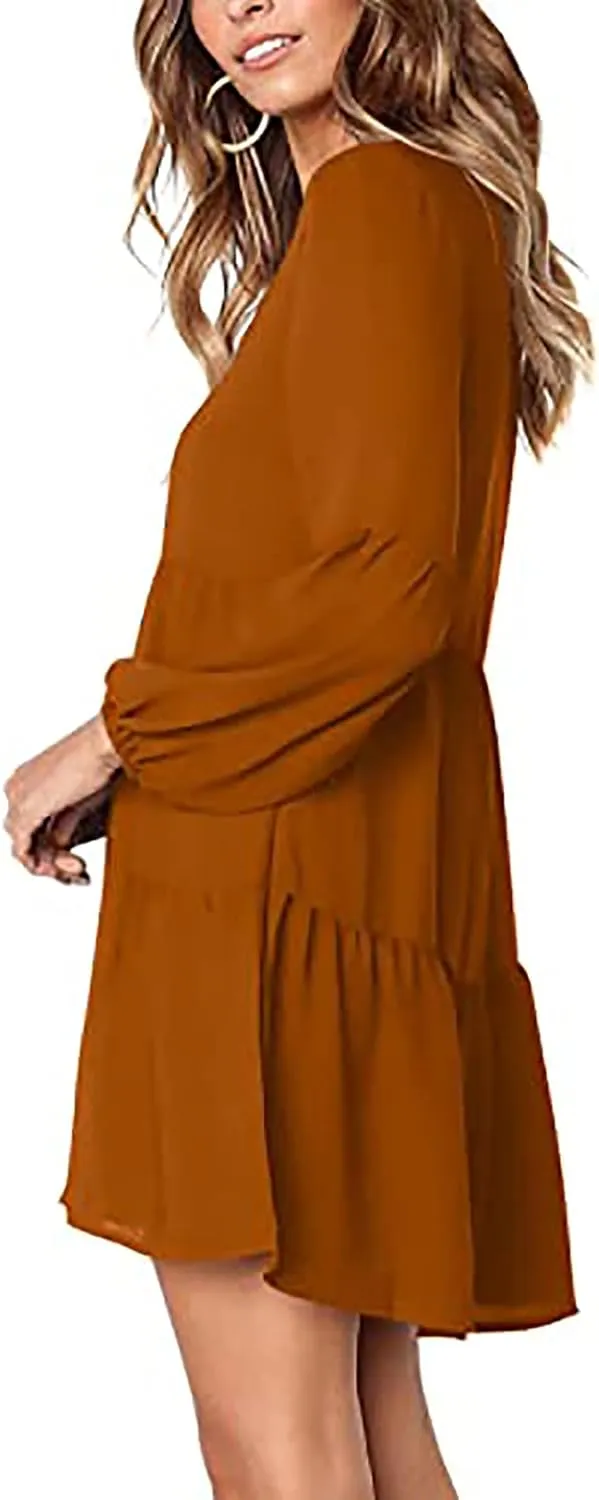 Women Babydoll Dress Lantern Long Sleeve V-Neck A-Line Flowy Dresses Summer Casual Shift Dress Vestidos