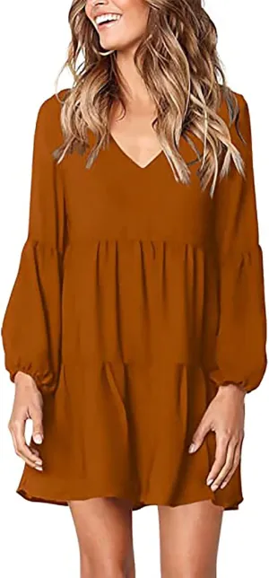 Women Babydoll Dress Lantern Long Sleeve V-Neck A-Line Flowy Dresses Summer Casual Shift Dress Vestidos