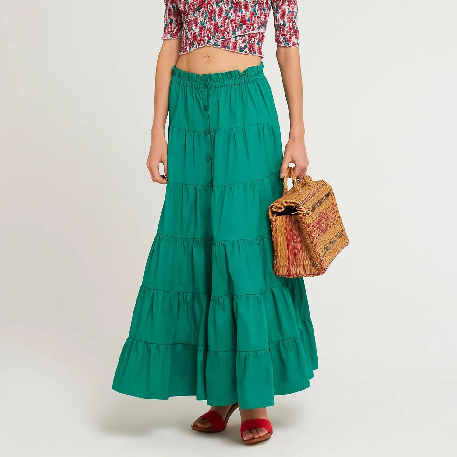 Women Boho Casual High Elastic Waist Dress Flowy Pleated Tiered Button Aline Maxi Skirt Summer Ruffle Hem Skirts