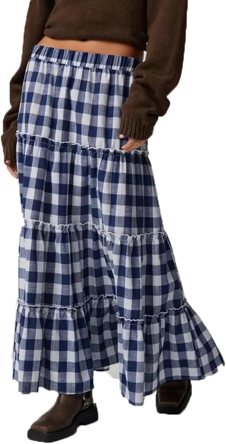 Women Boho Casual High Elastic Waist Dress Flowy Pleated Tiered Button Aline Maxi Skirt Summer Ruffle Hem Skirts