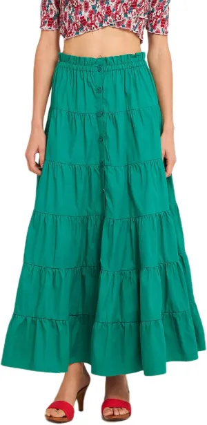 Women Boho Casual High Elastic Waist Dress Flowy Pleated Tiered Button Aline Maxi Skirt Summer Ruffle Hem Skirts