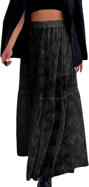 Women Boho Casual High Elastic Waist Dress Flowy Pleated Tiered Button Aline Maxi Skirt Summer Ruffle Hem Skirts