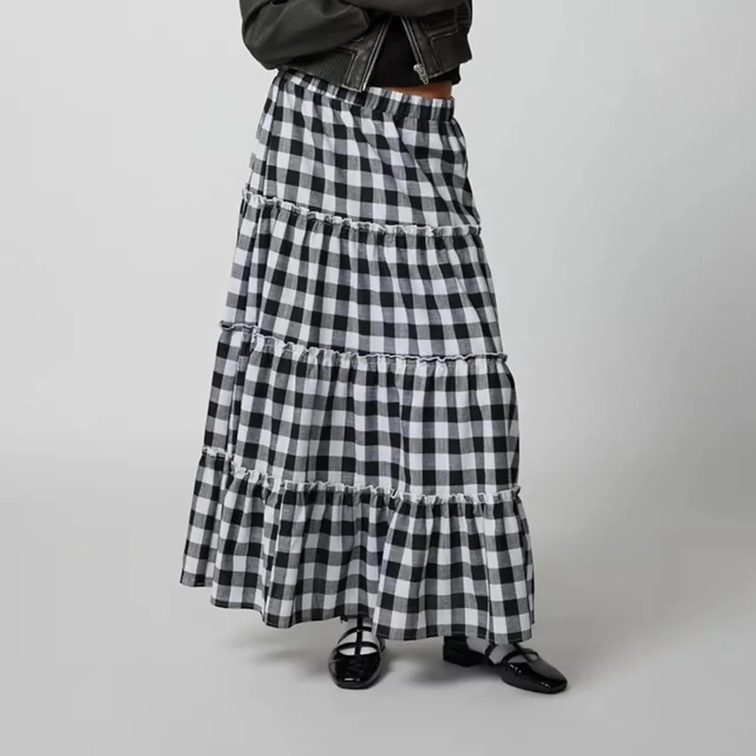 Women Boho Casual High Elastic Waist Dress Flowy Pleated Tiered Button Aline Maxi Skirt Summer Ruffle Hem Skirts