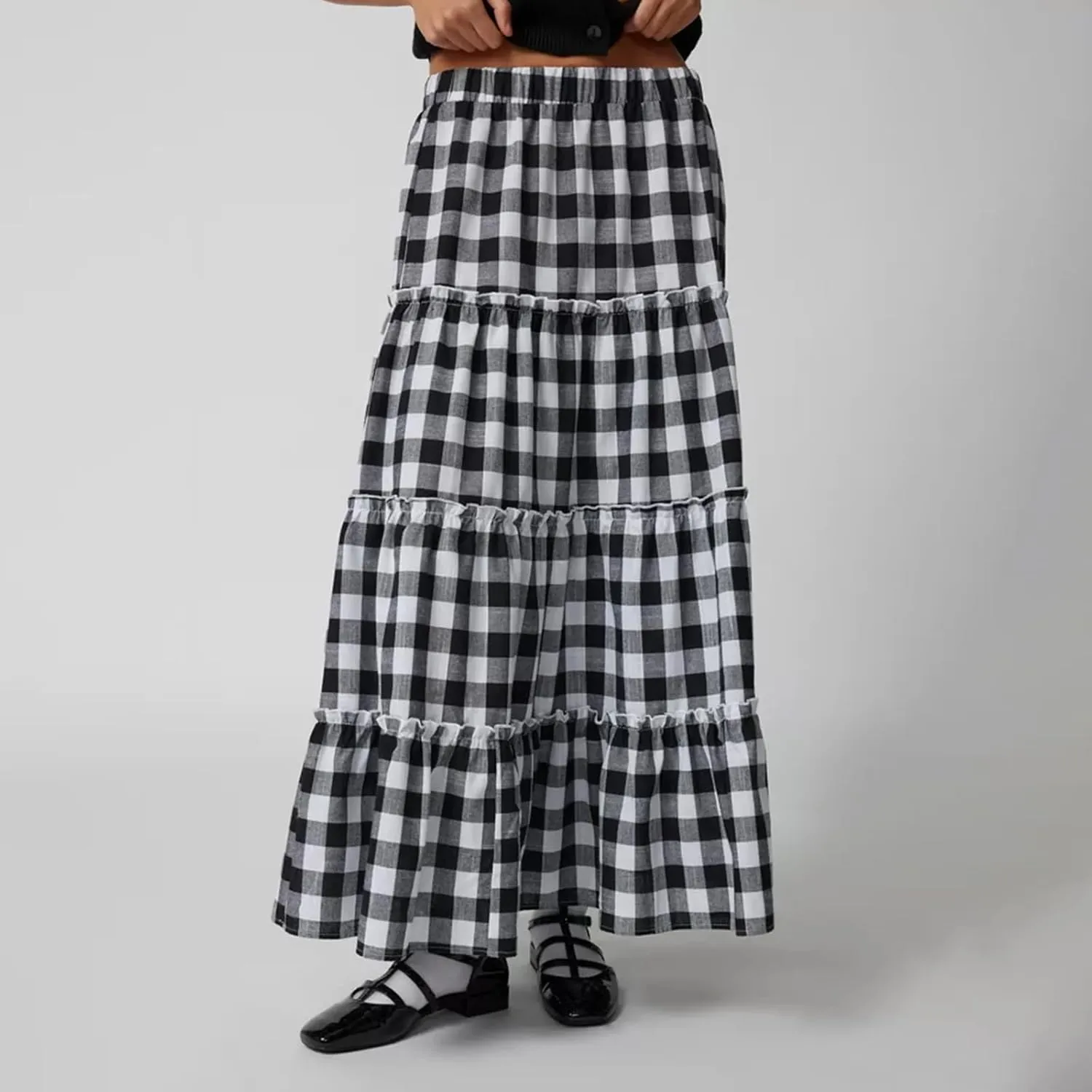 Women Boho Casual High Elastic Waist Dress Flowy Pleated Tiered Button Aline Maxi Skirt Summer Ruffle Hem Skirts