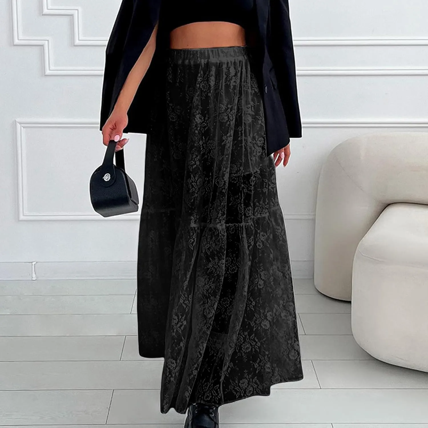 Women Boho Casual High Elastic Waist Dress Flowy Pleated Tiered Button Aline Maxi Skirt Summer Ruffle Hem Skirts
