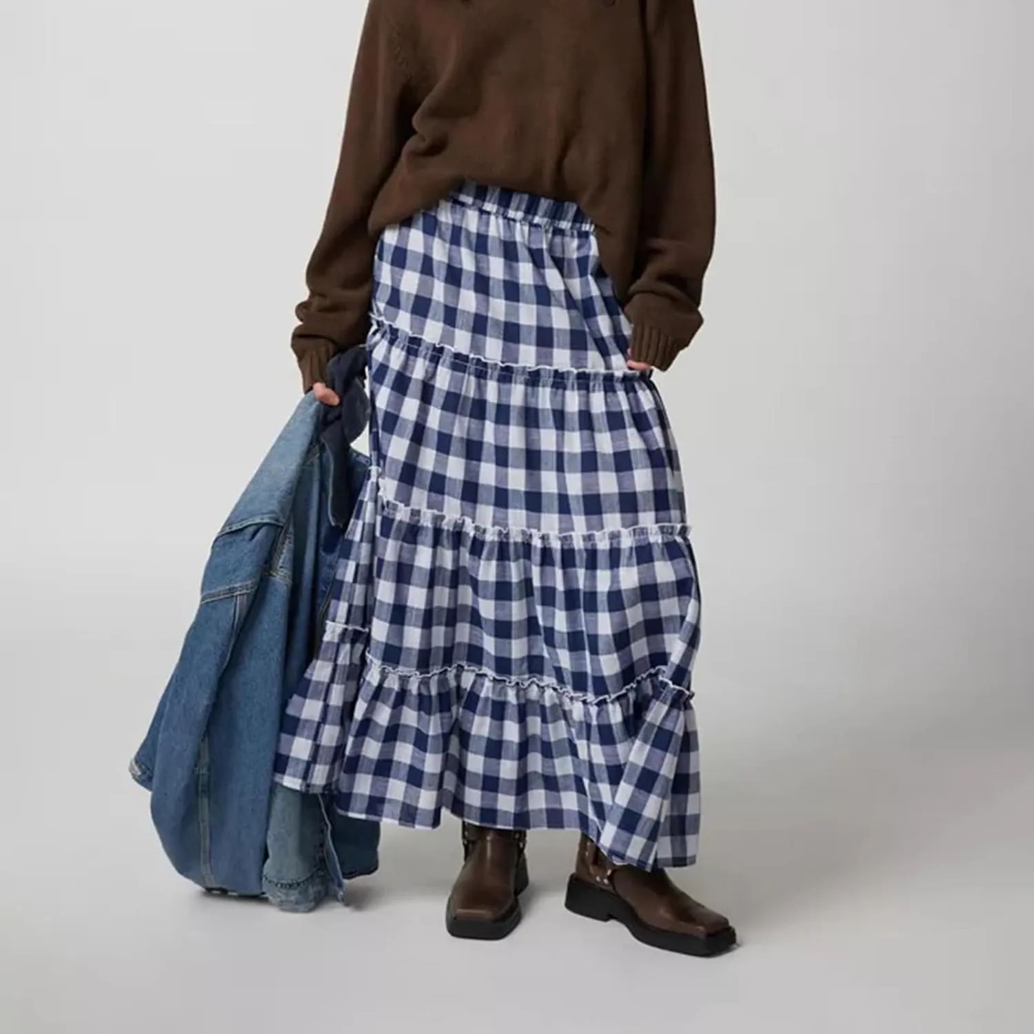 Women Boho Casual High Elastic Waist Dress Flowy Pleated Tiered Button Aline Maxi Skirt Summer Ruffle Hem Skirts