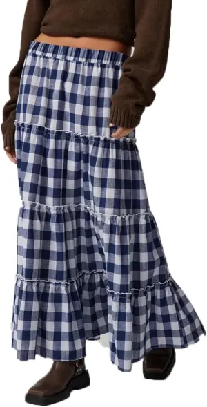 Women Boho Casual High Elastic Waist Dress Flowy Pleated Tiered Button Aline Maxi Skirt Summer Ruffle Hem Skirts