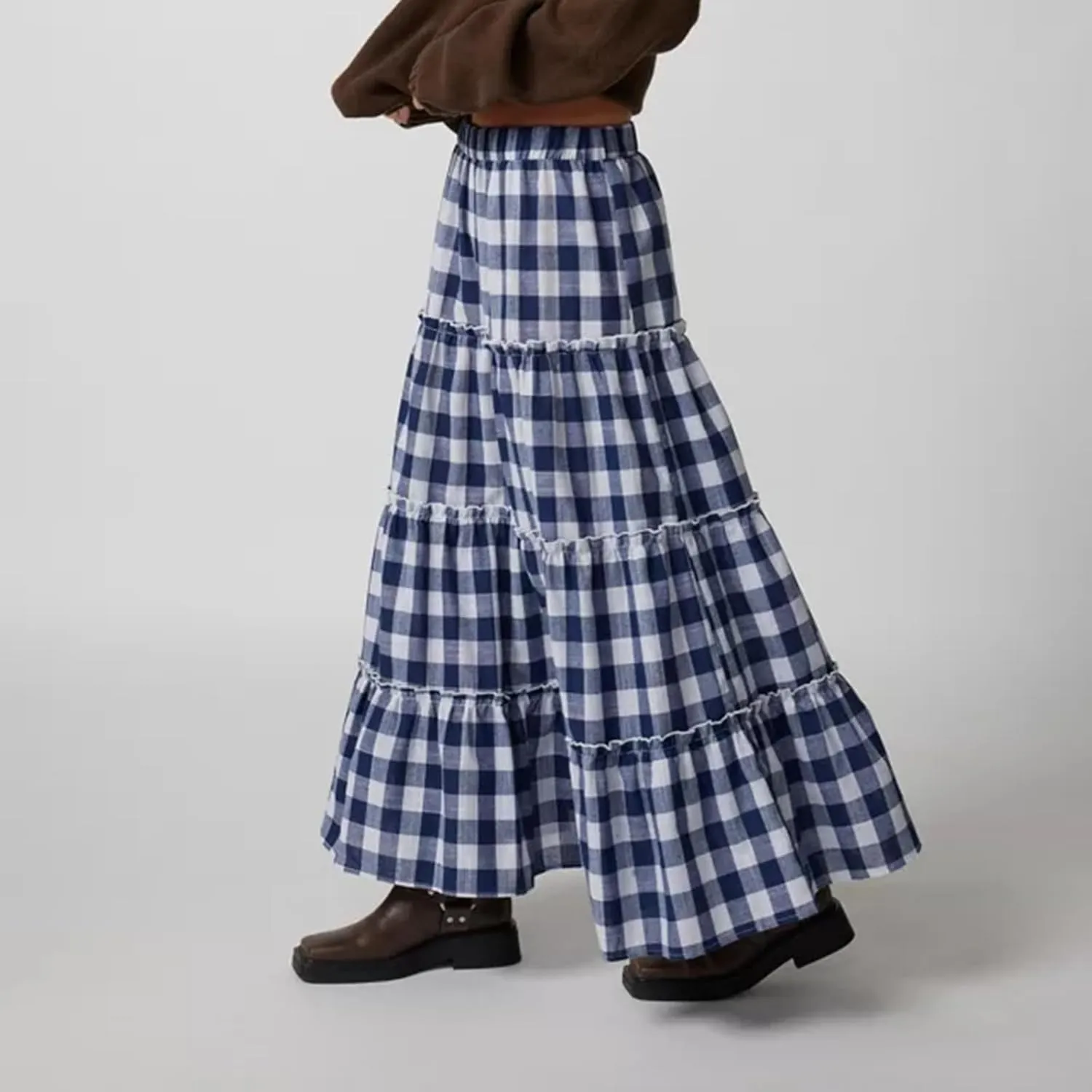 Women Boho Casual High Elastic Waist Dress Flowy Pleated Tiered Button Aline Maxi Skirt Summer Ruffle Hem Skirts