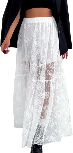 Women Boho Casual High Elastic Waist Dress Flowy Pleated Tiered Button Aline Maxi Skirt Summer Ruffle Hem Skirts