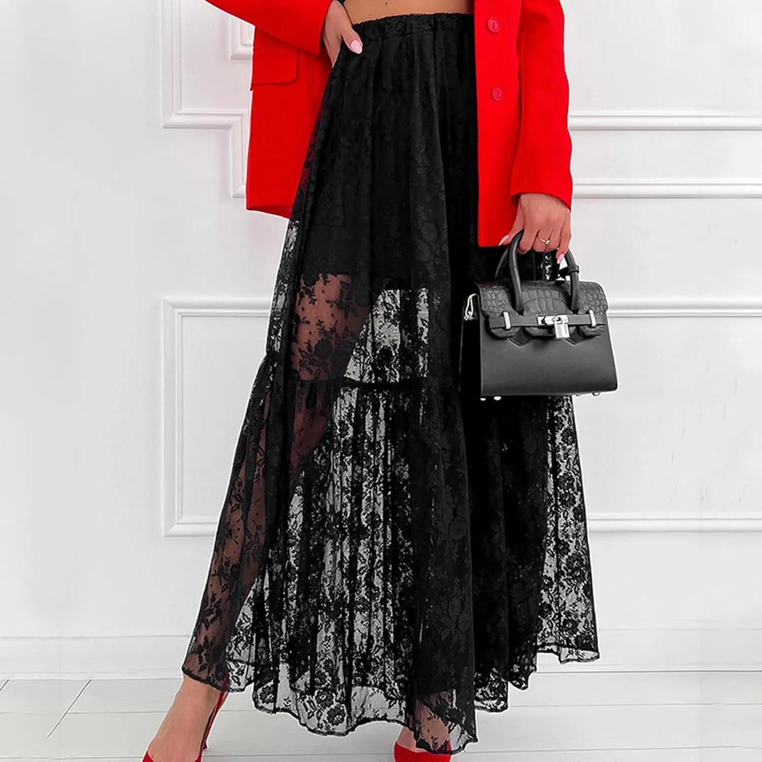Women Boho Casual High Elastic Waist Dress Flowy Pleated Tiered Button Aline Maxi Skirt Summer Ruffle Hem Skirts