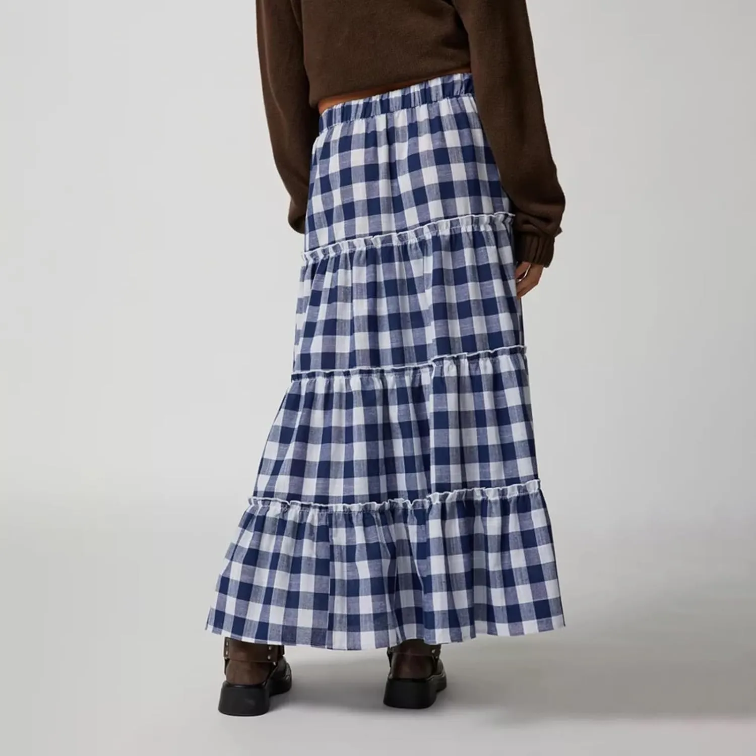 Women Boho Casual High Elastic Waist Dress Flowy Pleated Tiered Button Aline Maxi Skirt Summer Ruffle Hem Skirts
