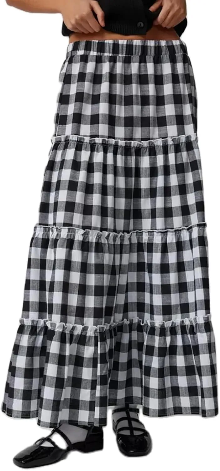 Women Boho Casual High Elastic Waist Dress Flowy Pleated Tiered Button Aline Maxi Skirt Summer Ruffle Hem Skirts