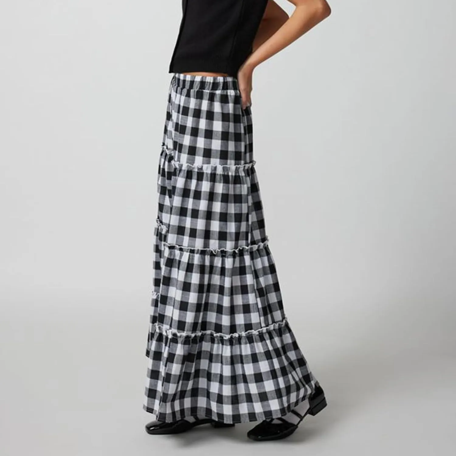 Women Boho Casual High Elastic Waist Dress Flowy Pleated Tiered Button Aline Maxi Skirt Summer Ruffle Hem Skirts