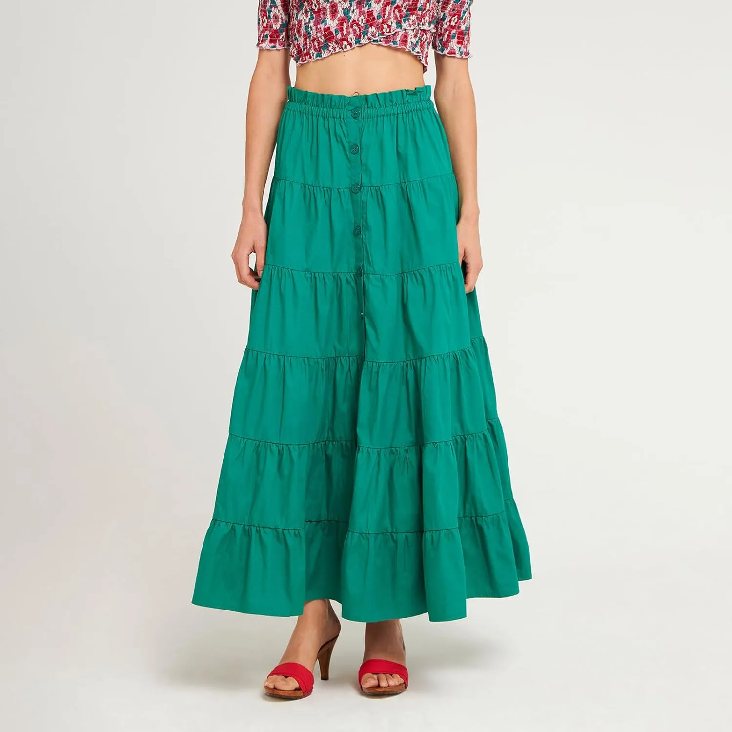 Women Boho Casual High Elastic Waist Dress Flowy Pleated Tiered Button Aline Maxi Skirt Summer Ruffle Hem Skirts