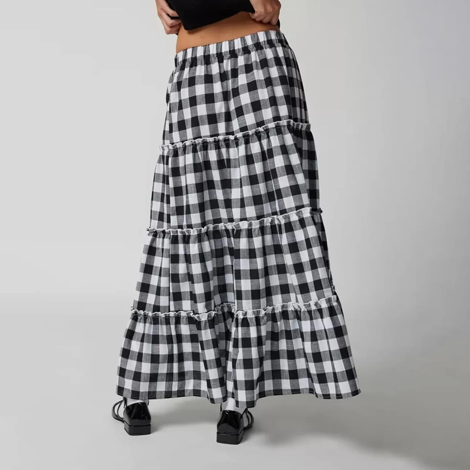 Women Boho Casual High Elastic Waist Dress Flowy Pleated Tiered Button Aline Maxi Skirt Summer Ruffle Hem Skirts