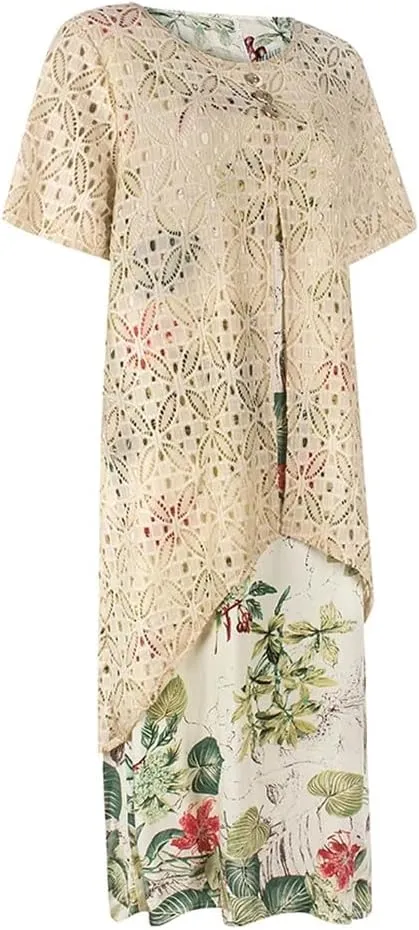 Women Boho Elegant Crochet Floral Dress Plus Size Women Clothing Summer Shift Dress