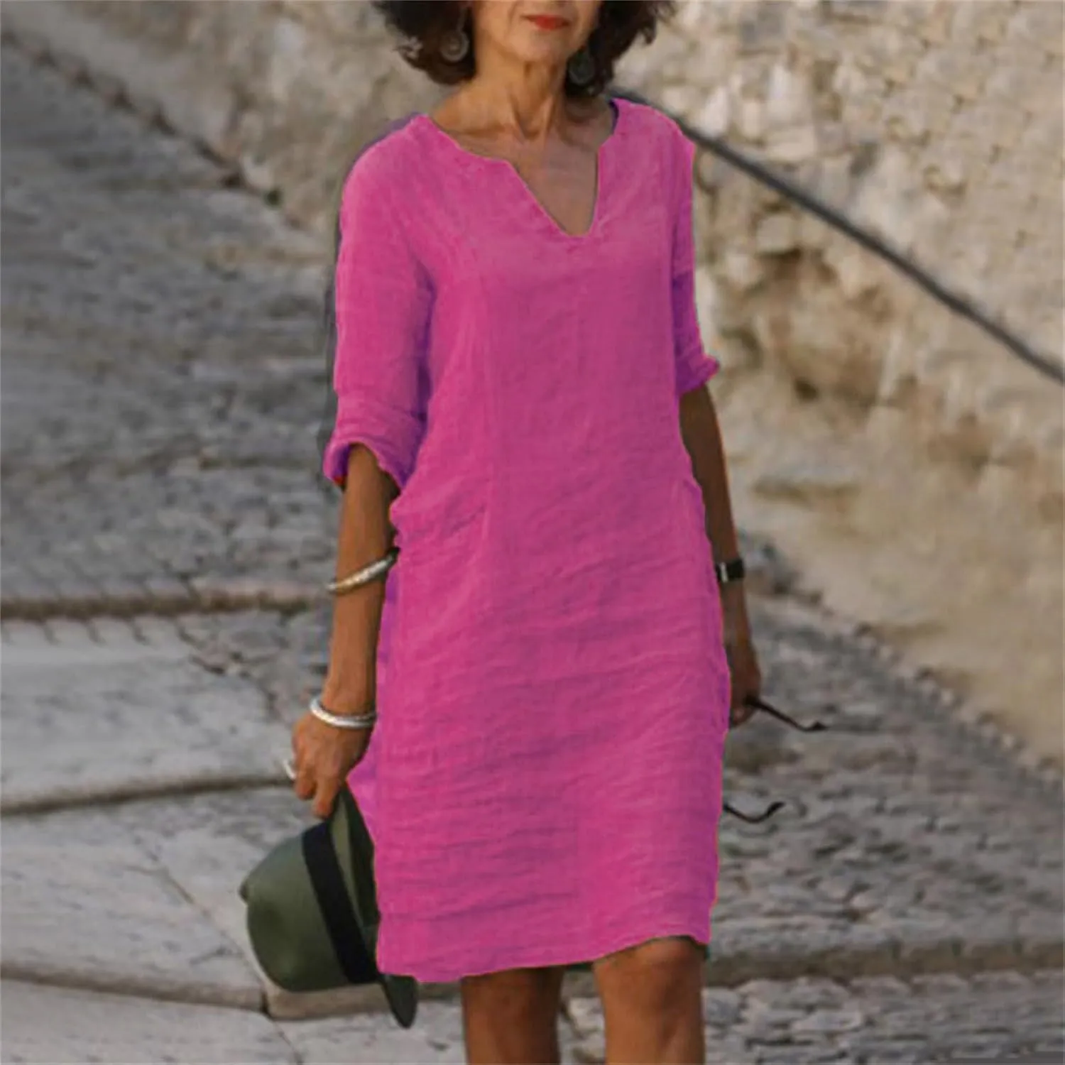 Women Casual Cotton Linen Midi Dress Summer V Neck Half Sleeve Beach Dresses Flowy Loose Solid Tunic Dress
