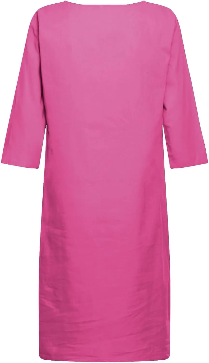 Women Casual Cotton Linen Midi Dress Summer V Neck Half Sleeve Beach Dresses Flowy Loose Solid Tunic Dress
