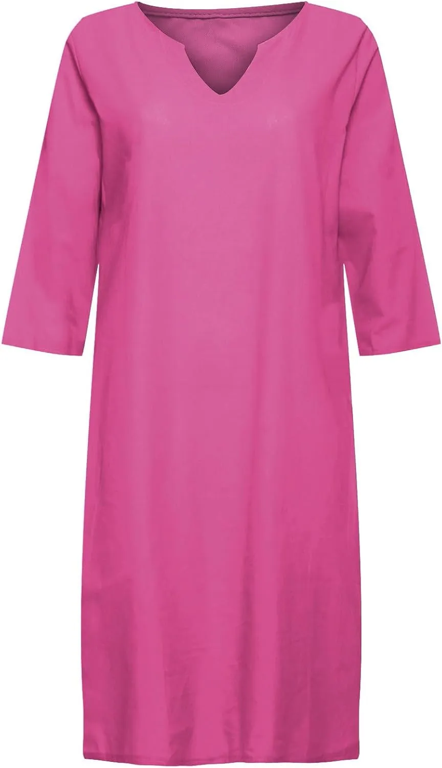 Women Casual Cotton Linen Midi Dress Summer V Neck Half Sleeve Beach Dresses Flowy Loose Solid Tunic Dress