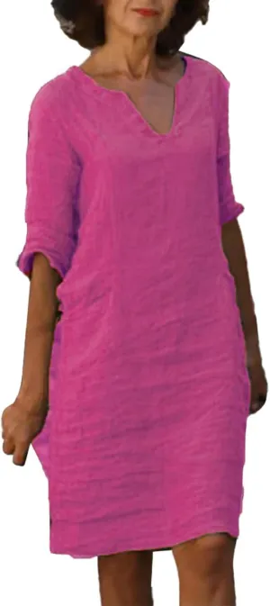 Women Casual Cotton Linen Midi Dress Summer V Neck Half Sleeve Beach Dresses Flowy Loose Solid Tunic Dress