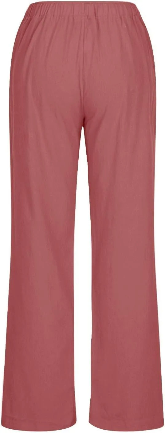 Women Casual Cotton Linen Pants Drawstring Elastic Waist Long Wide Leg Pants Solid Color Leisure Comfy Trousers