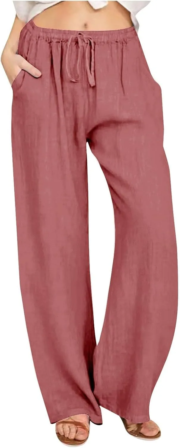 Women Casual Cotton Linen Pants Drawstring Elastic Waist Long Wide Leg Pants Solid Color Leisure Comfy Trousers