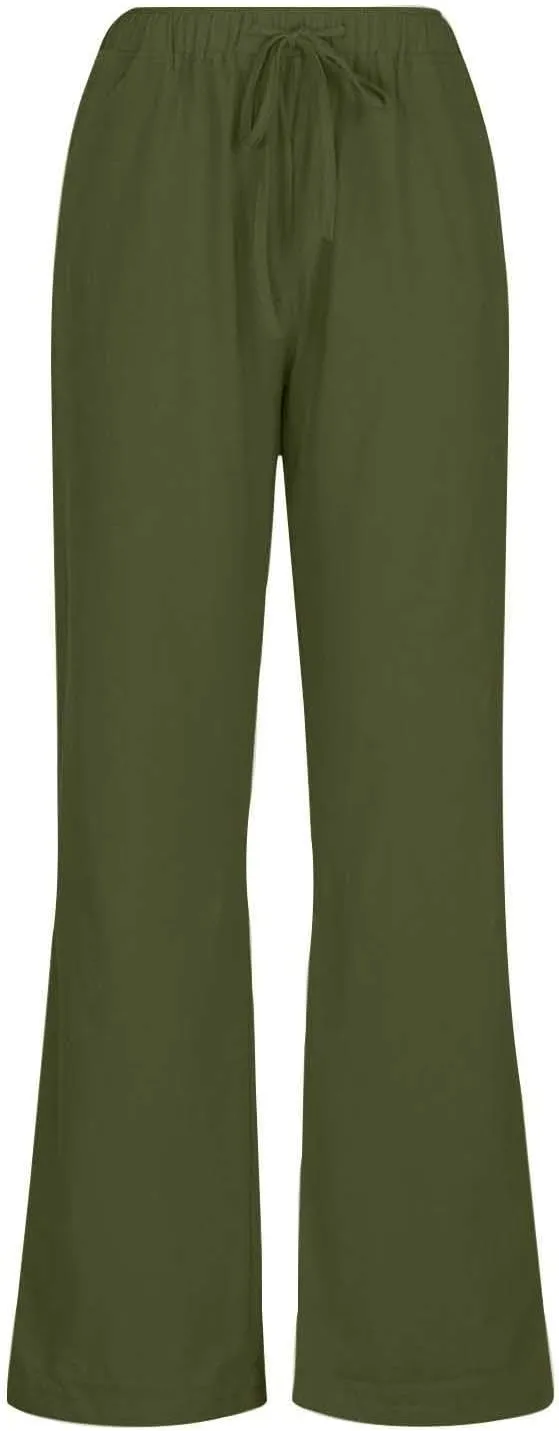 Women Casual Cotton Linen Pants Drawstring Elastic Waist Long Wide Leg Pants Solid Color Leisure Comfy Trousers