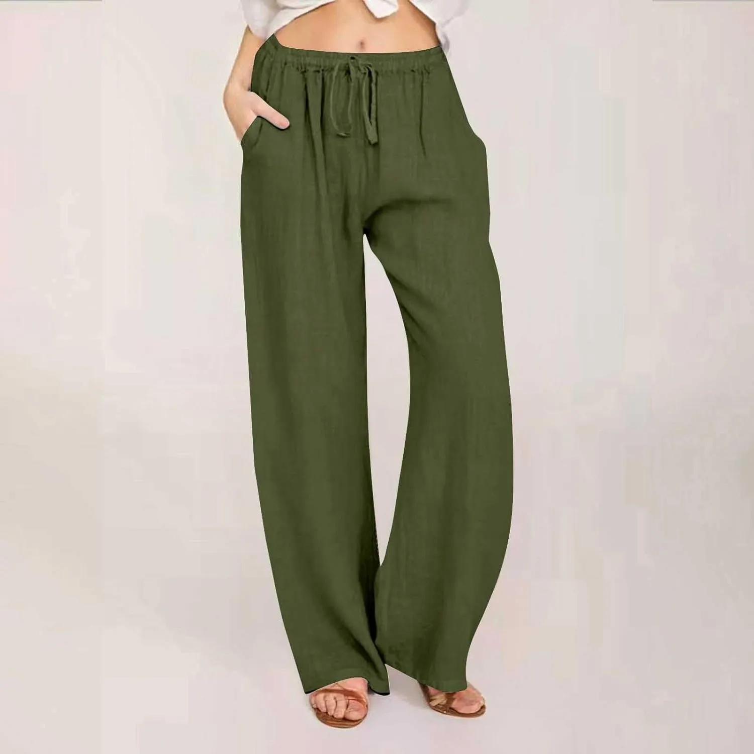 Women Casual Cotton Linen Pants Drawstring Elastic Waist Long Wide Leg Pants Solid Color Leisure Comfy Trousers