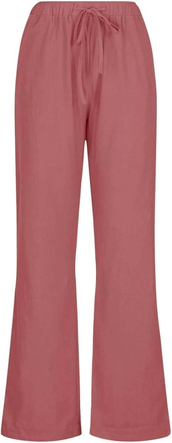 Women Casual Cotton Linen Pants Drawstring Elastic Waist Long Wide Leg Pants Solid Color Leisure Comfy Trousers